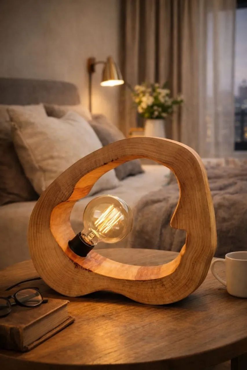 Luminária de mesa rústica em madeira  - Foto 4