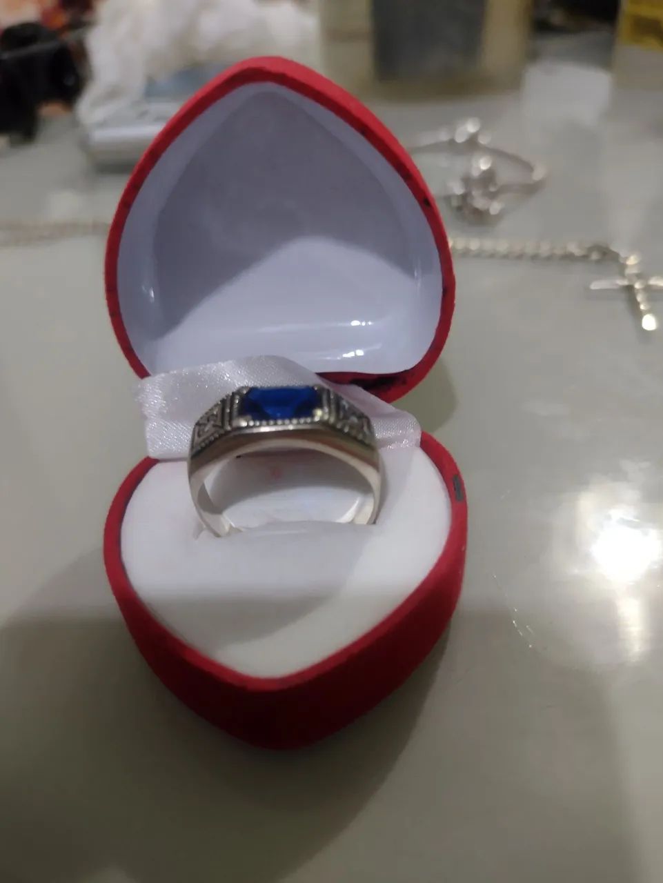 Anel de formatura prata 925 pedra azul  - Foto 2