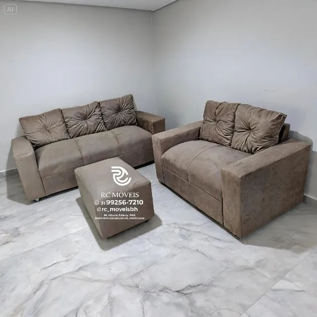 Conjunto Sofá 2 e 3 Lugares Puff Suede Preto D33 Luxo - Foto 2