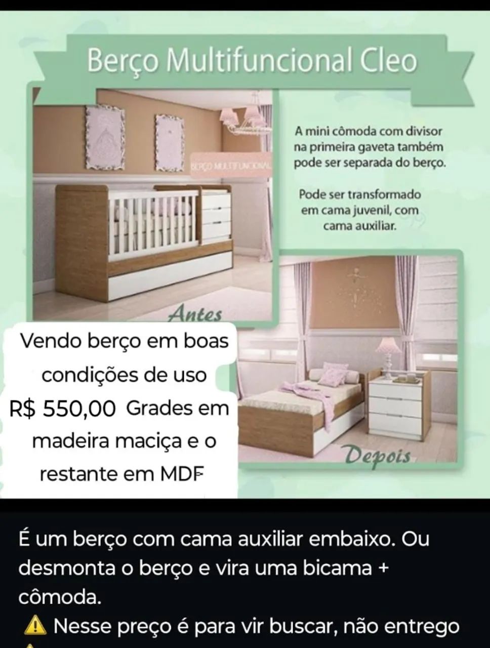 Berço Americano Completo com Cama Auxiliar e Cômoda - Ótimo Custo-Benefício - Foto 6