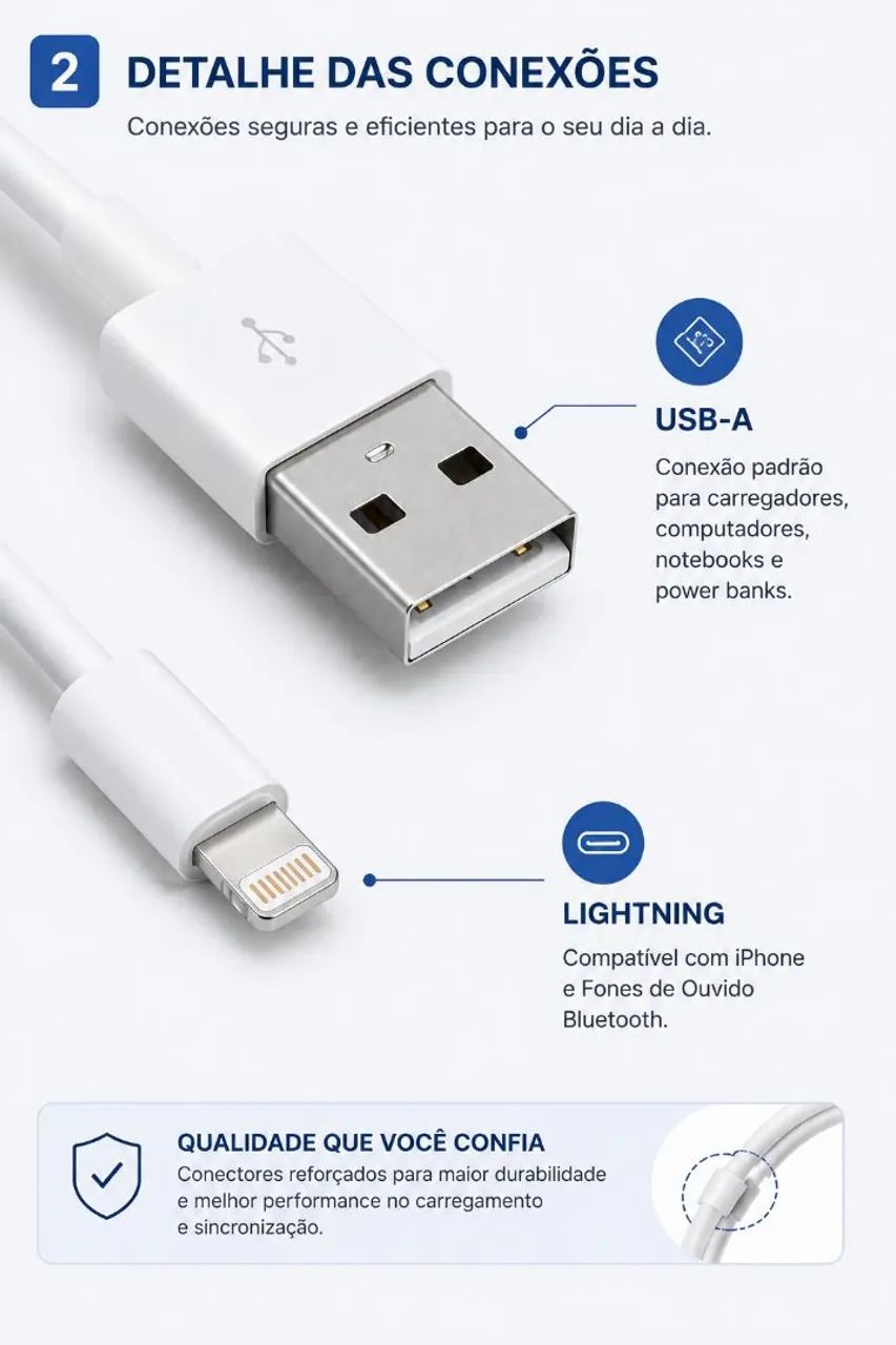 Cabo USB-A para Lightning 1 Metro para iPhone | Carregamento e Sincronização - Foto 2