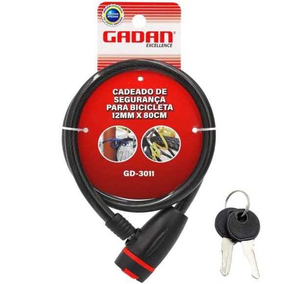 CADEADO PARA BICICLETA 12MM X 80CM  COM 2 CHAVES - GADAN 