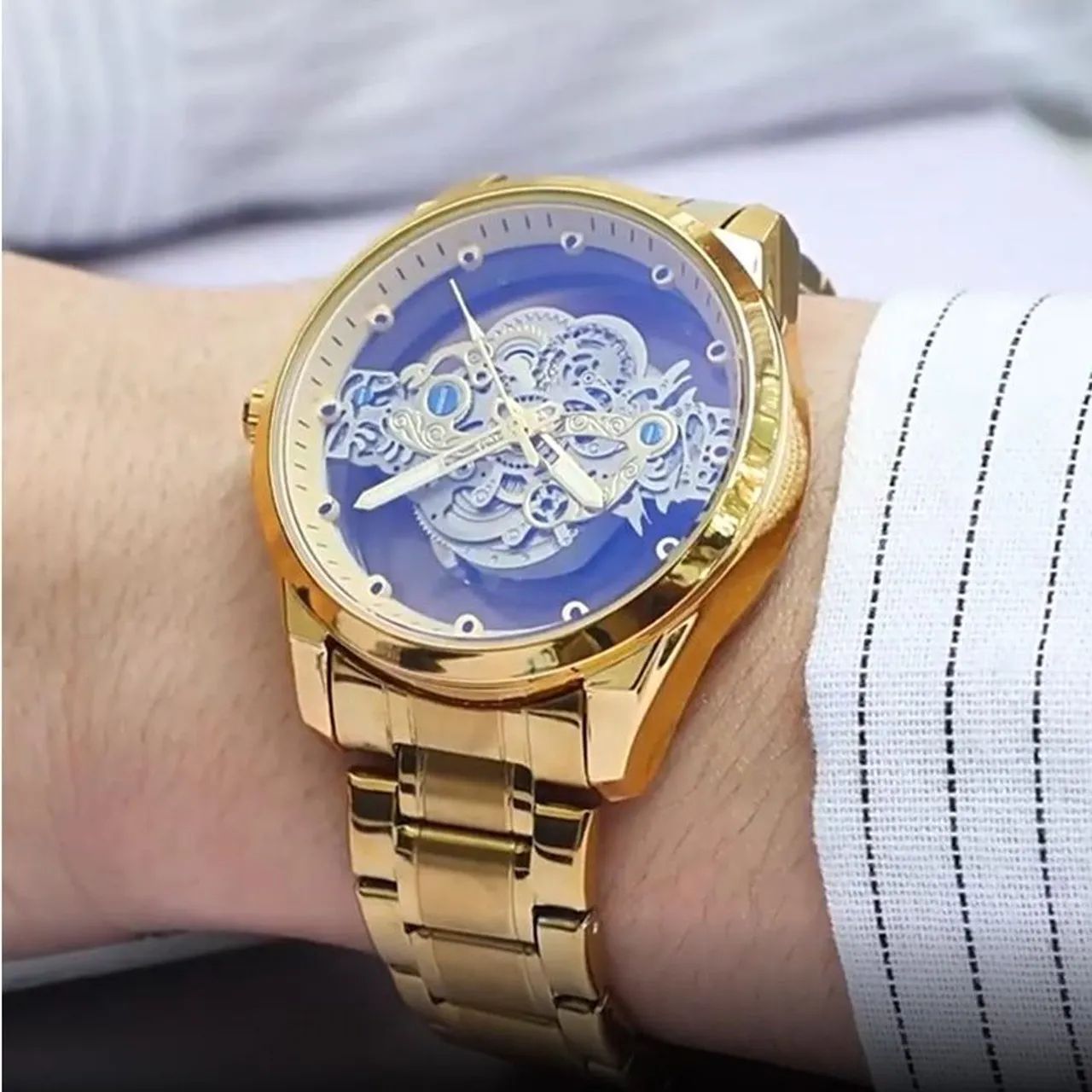 Relógio Masculino de Quartzo Esqueleto Dourado - Foto 4