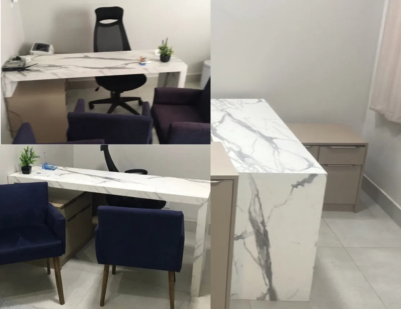 Mesa de escritório em porcelanato marmorizado