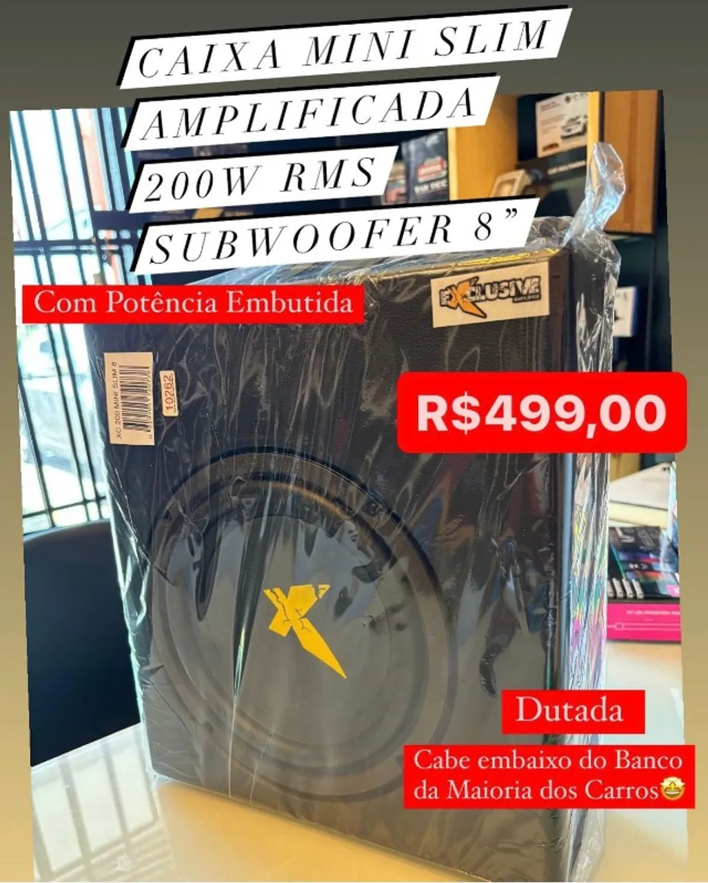 Caixa Amplificada Mini Slim Exclusive 200w 8 Pol Subwoofer Ativa C/ Potencia Carro Banco