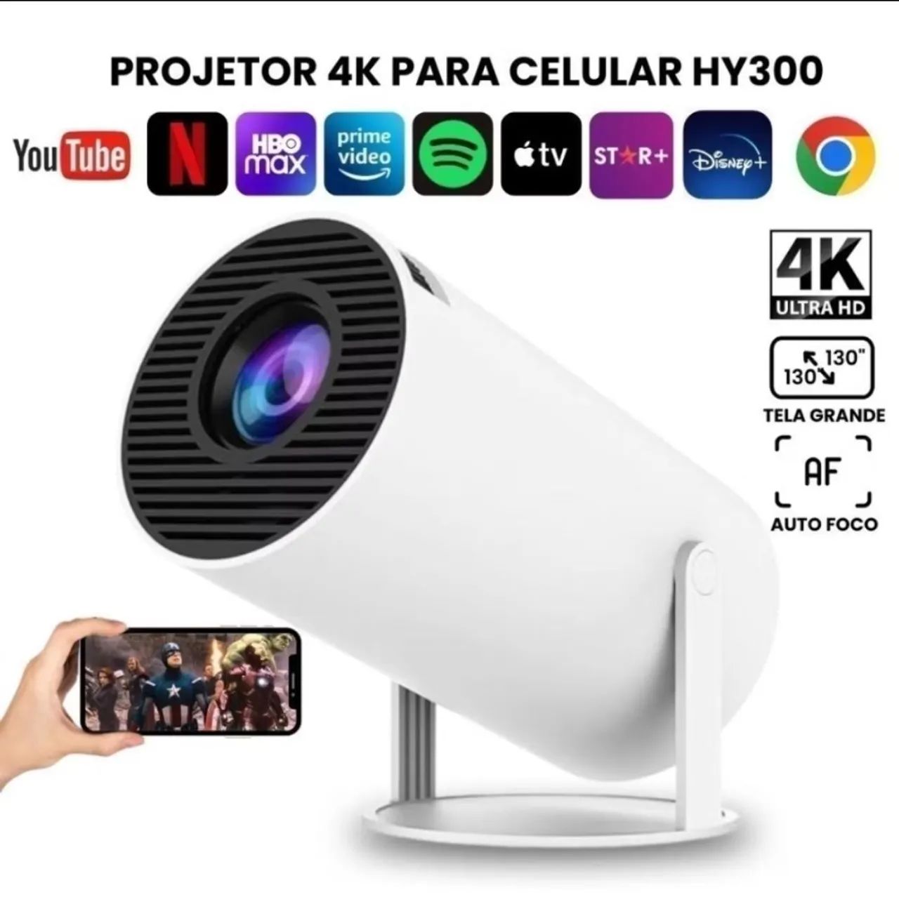 Projetor 4K para Celular HY300 - Tela Grande, Auto Foco