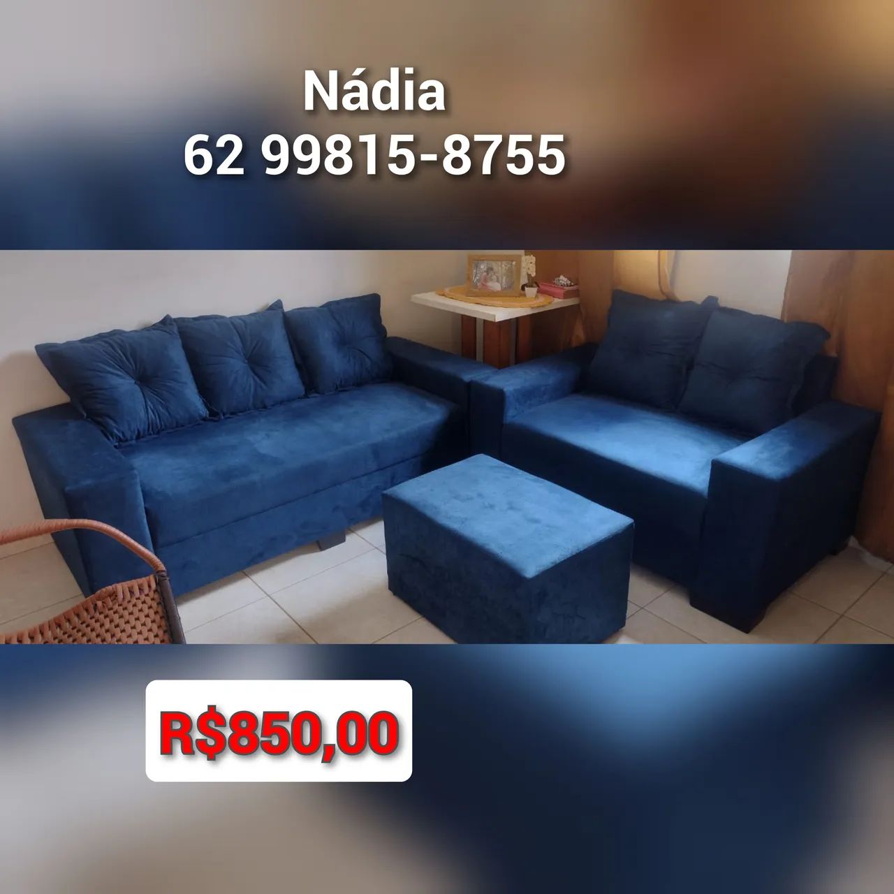 Sofá azul 3x3 lugares novo 