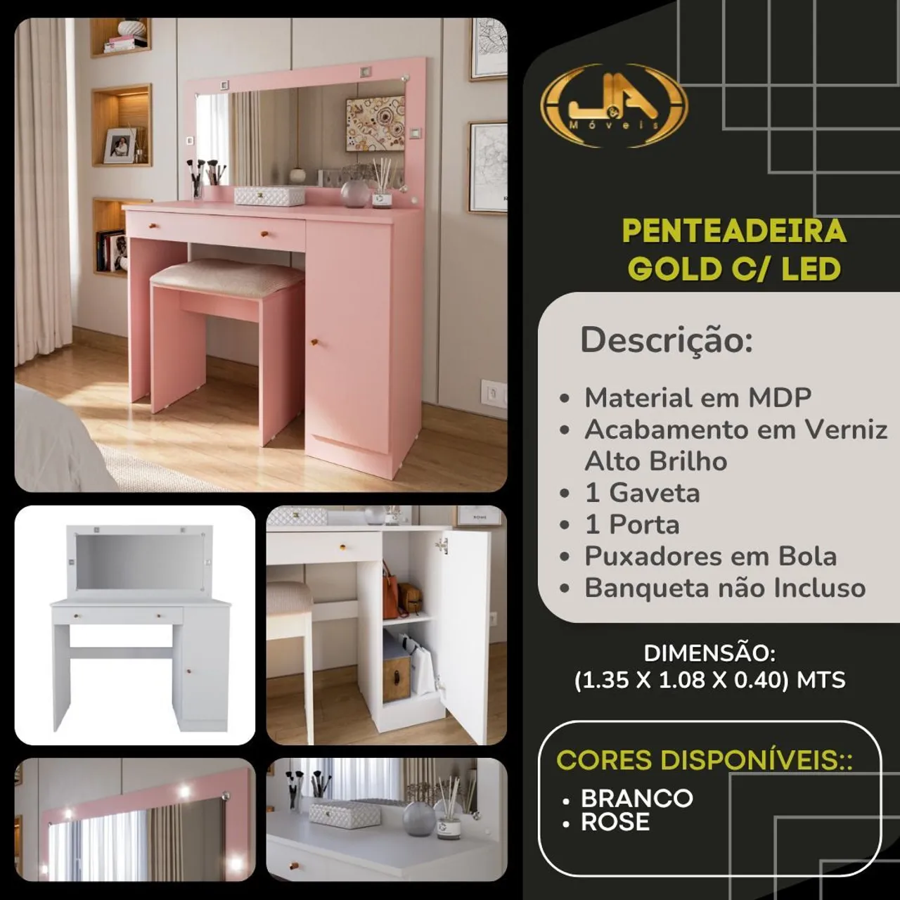 Penteadeira Gold C/ LED - Entrega Rápido