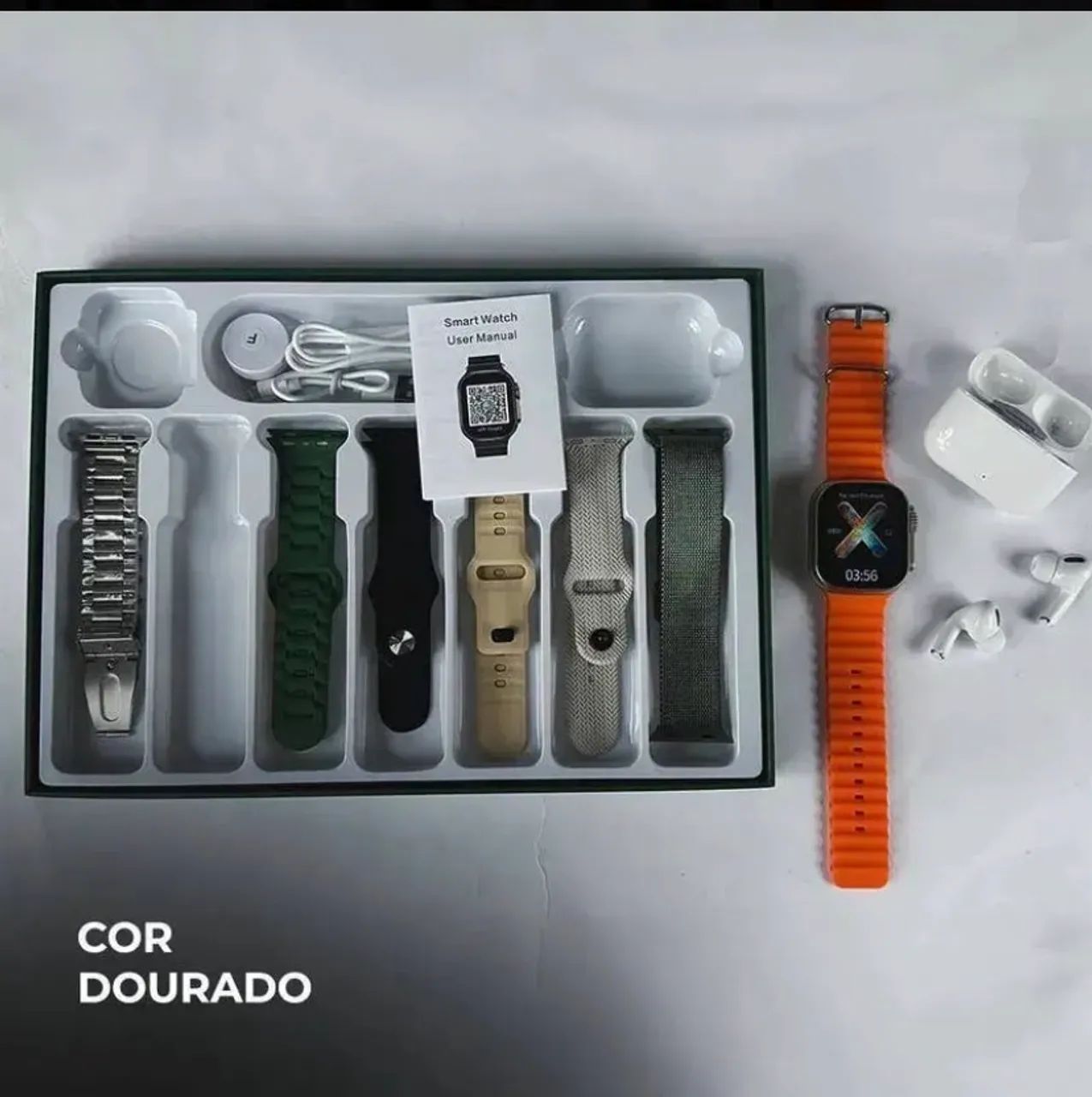 Relógio Smartwash Ws80 caixa Dourada, com 7 pulseiras e fone de ouvido  - Foto 5