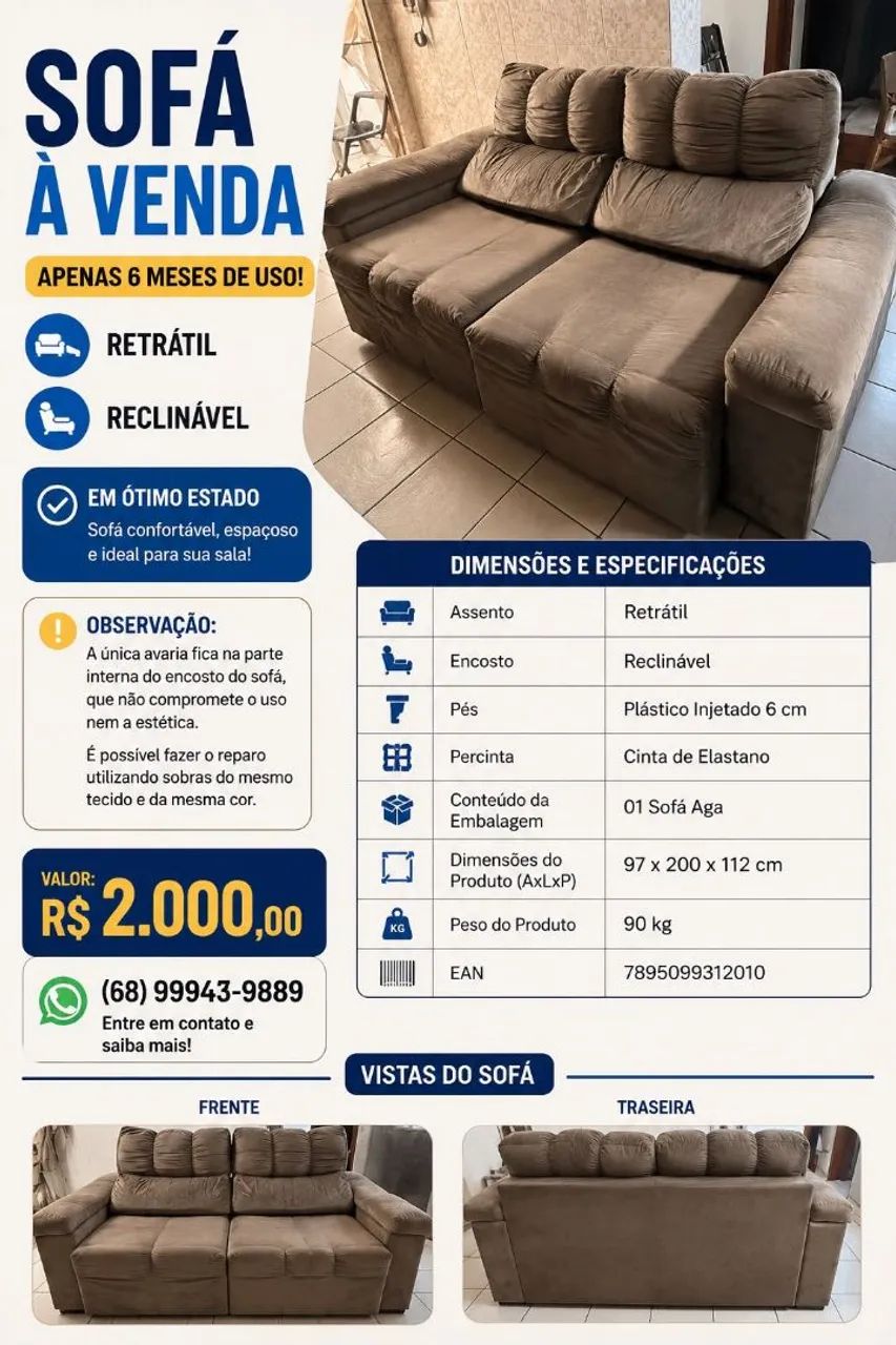 Sofá retrátil semi novo, motivo de viagem 