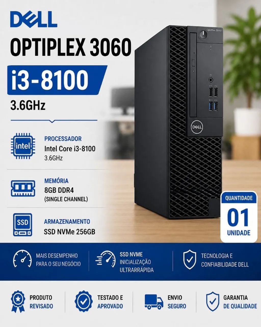 Computador Dell OptiPlex 3060 Desktop i3-8100 8GB RAM SSD NVMe