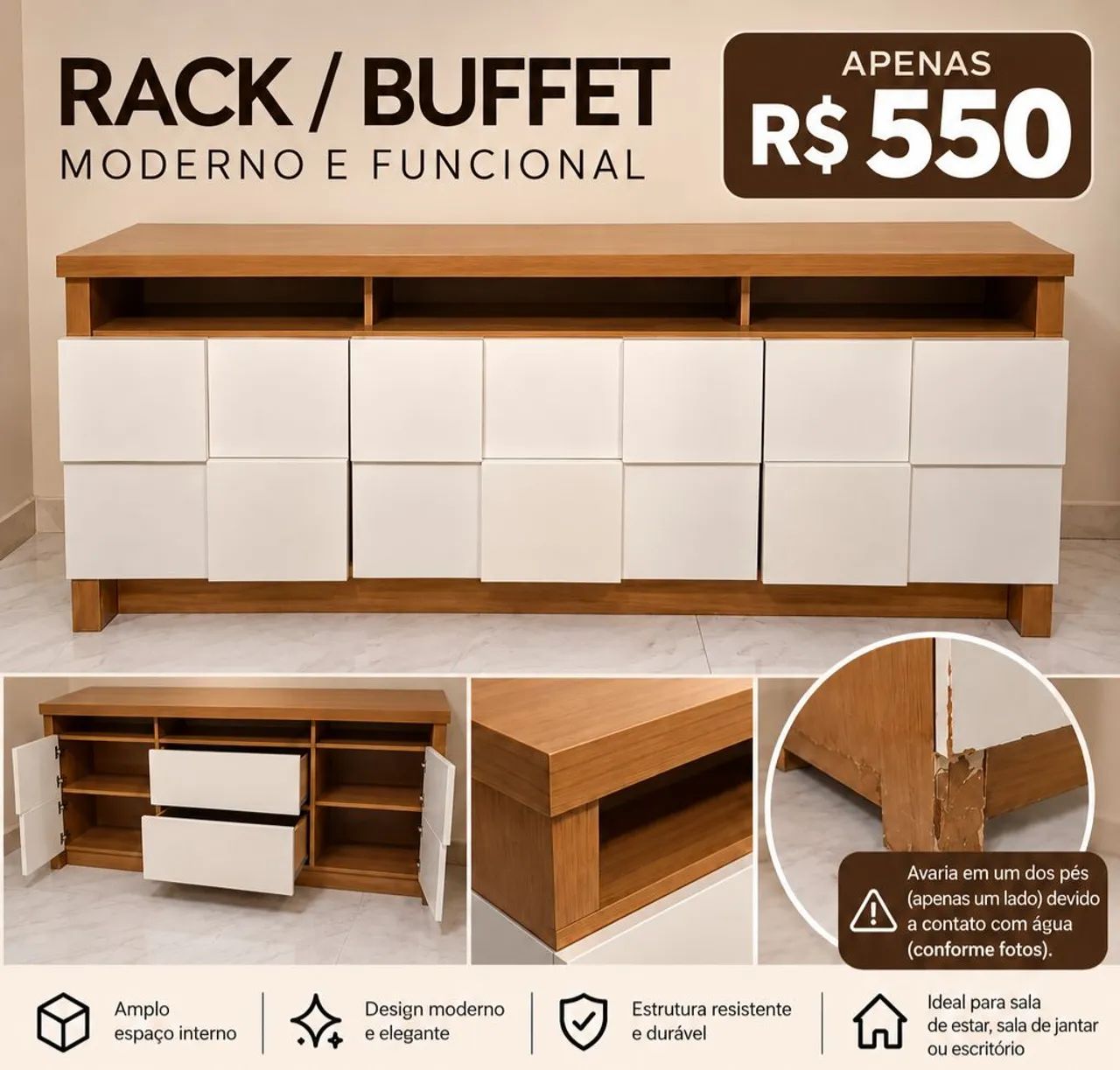 RACK / BUFFET BRANCO E AMADEIRADO