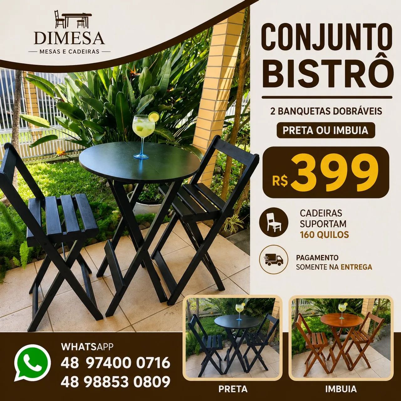 Mesa bistrô 60cm com 2 banquetas dobráveis 