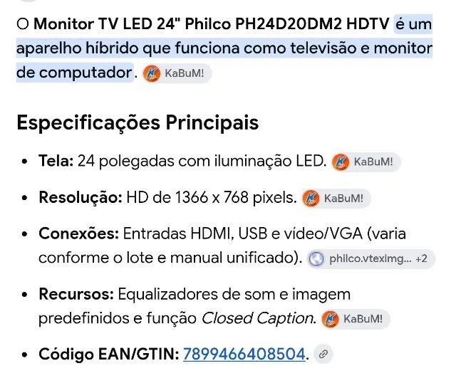 Monitor TV LED 24" Philco