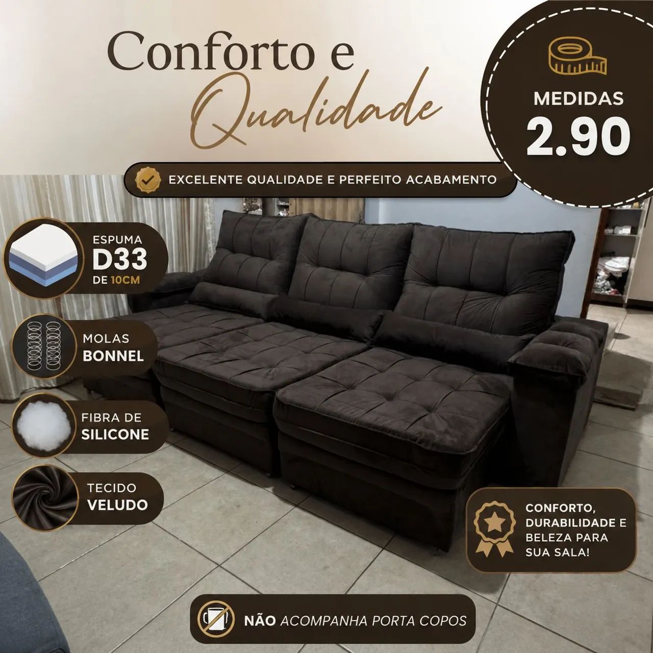 SOFÁ RETRÁTIL E RECLINÁVEL MARROM 2.90