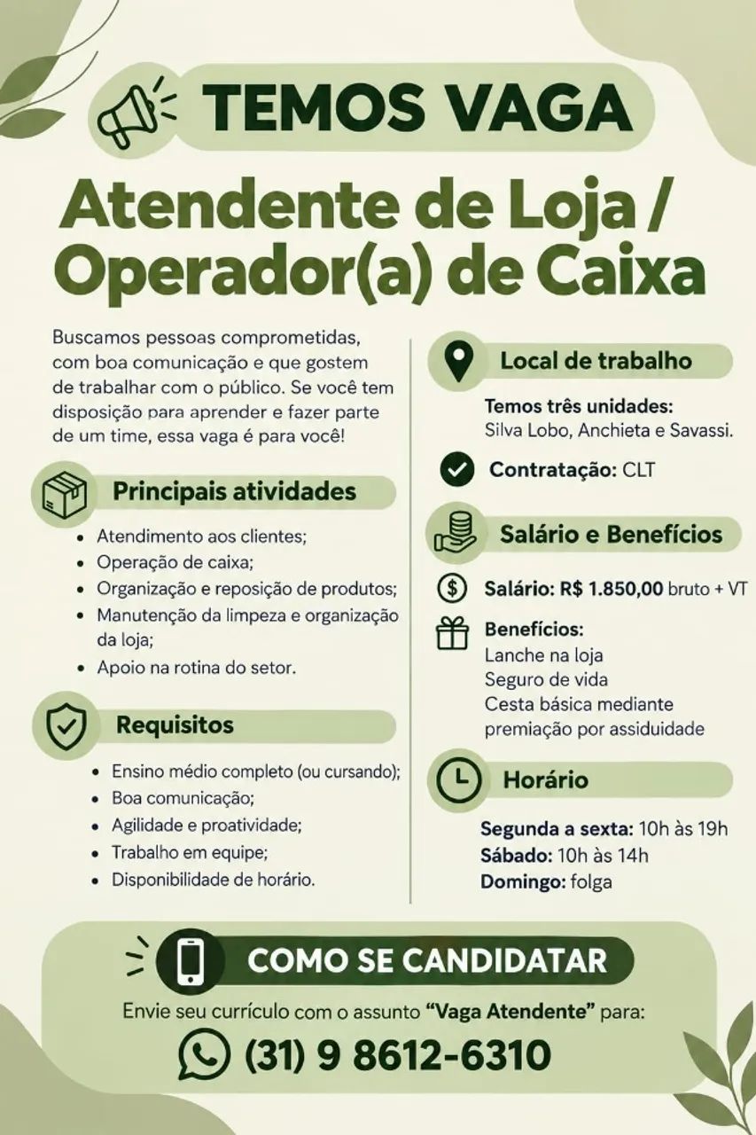 Atendente de Loja / Operador(a) de Caixa