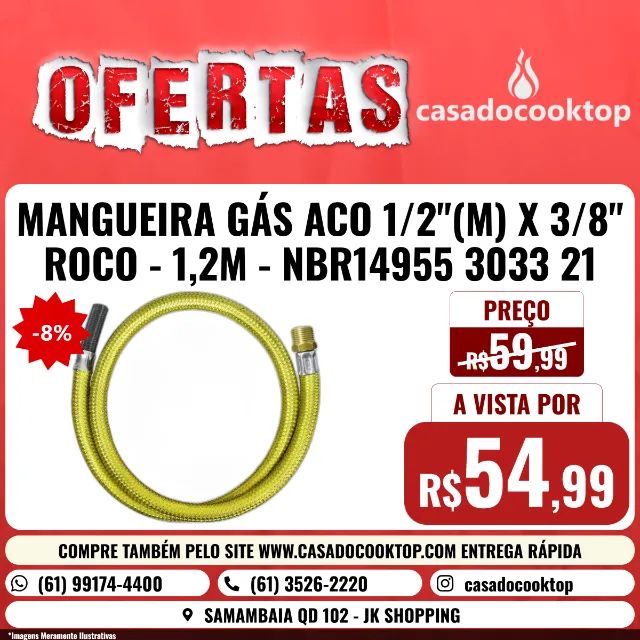 MANGUEIRA GÁS ACO 1/2"(M) X 3/8" ROCO - 1,2M - NBR14955 3033 21