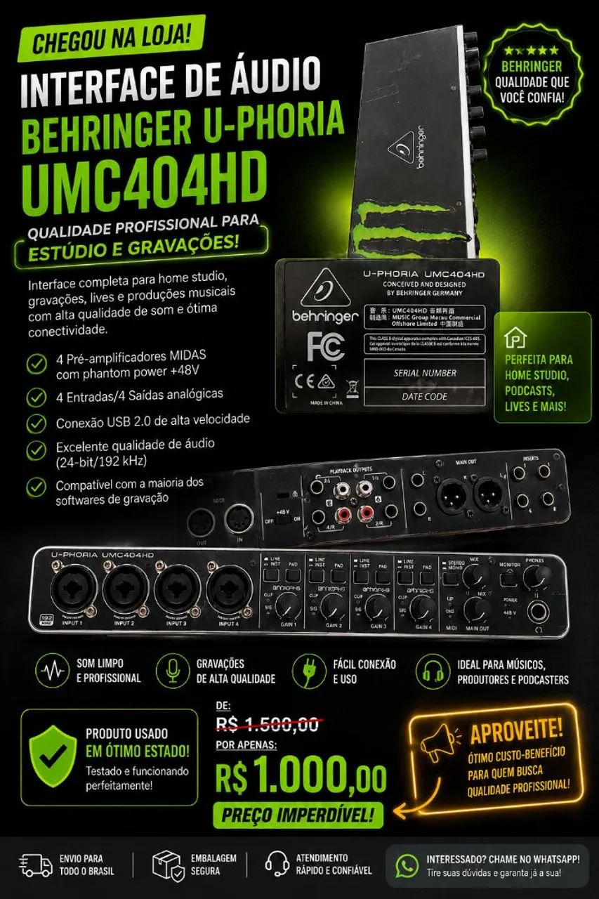 ?INTERFACE DE ÁUDIO BEHRINGER U-PHORIA UMC404HD 