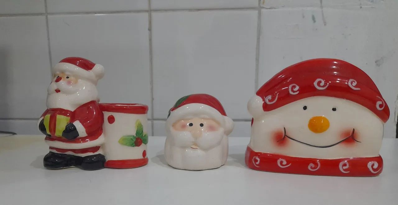 Decoração Natalina em Cerâmica - Papaiai Noel, Boneco de Neve e Duende