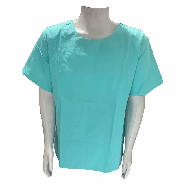 CAMISA CONFECCIONADA EM BRIM LEVE VERDE AGUA GOLA REDONDA E MANGA CURTA