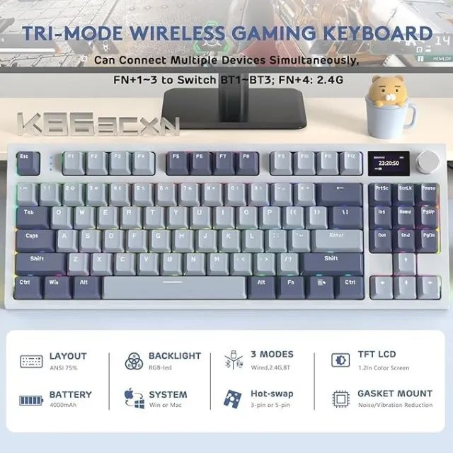 Teclado Gamer Mecanico Sem Fio RGB Attack Shark K86 com Tela Multimidia - Foto 6