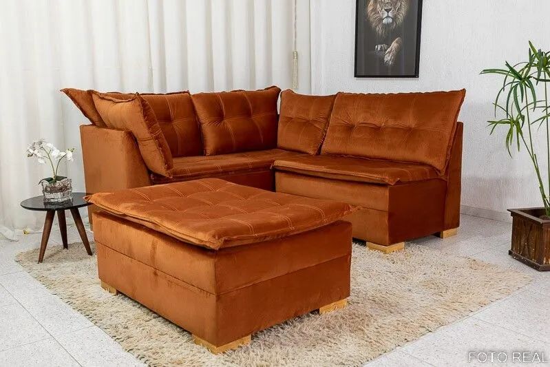 Sofá de Canto 5 Lugares com Puff Veludo Terracota - Foto 2