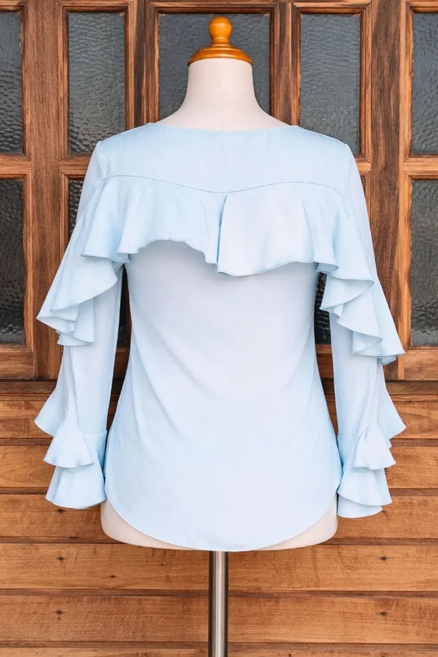 Linda blusa azul basica com babados - Foto 3