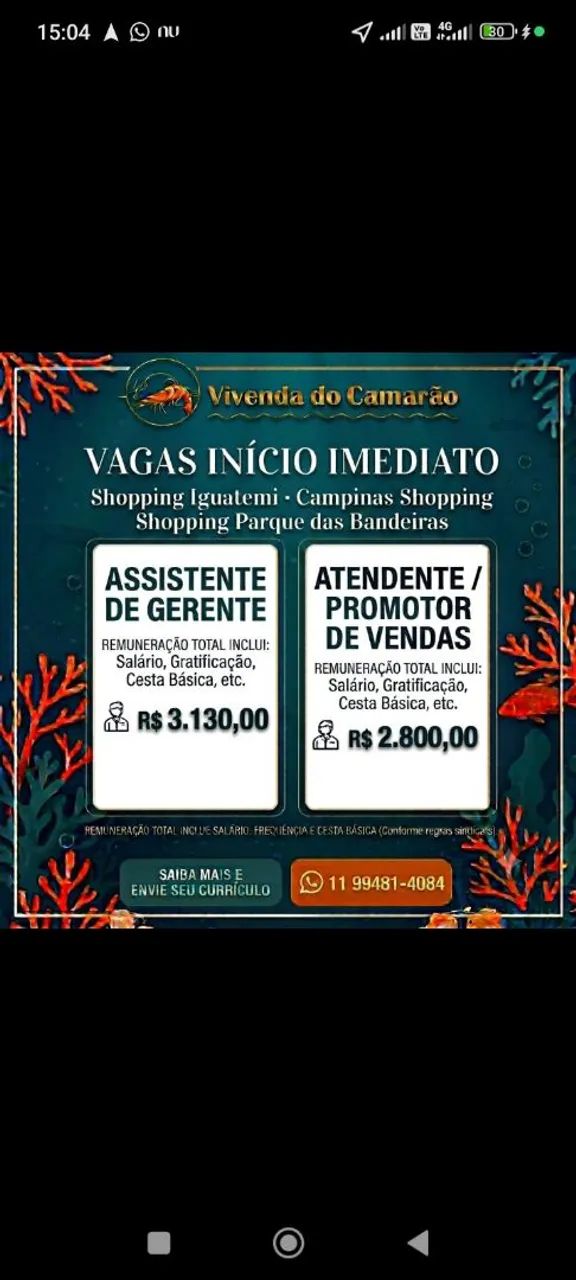 Vagas de emprego inicio imediato 