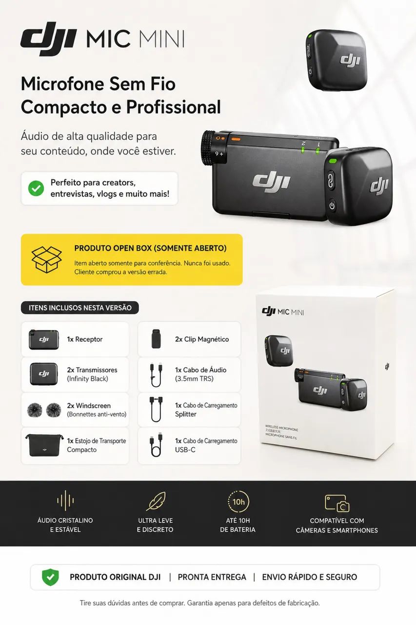 Microfone de Lapela - DJI Mic Mini Open Box - com 2TX + 1RX USB-C