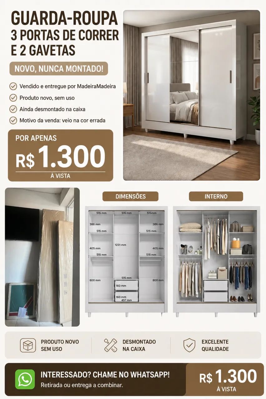 Guarda-roupa 3 portas, com espelho 
