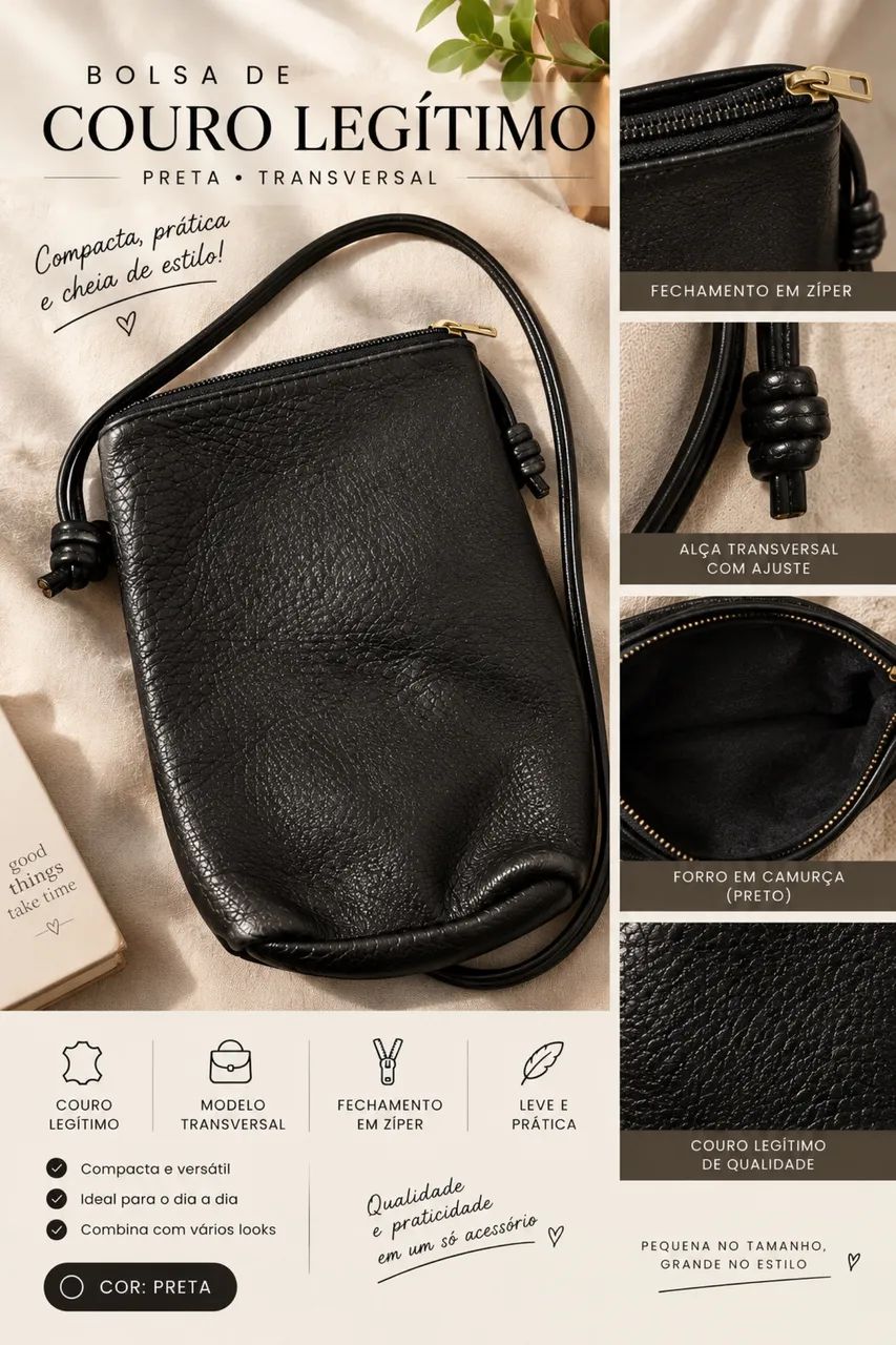 Bolsa de Couro Legítimo Preta Transversal
