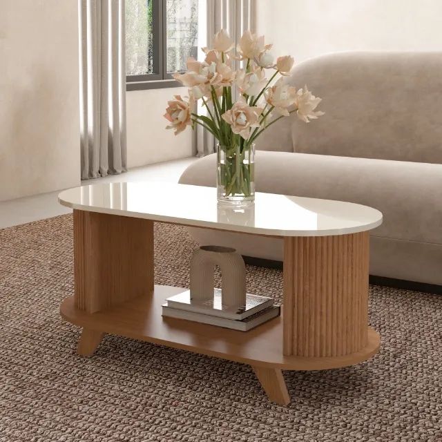 Mesa de Centro Design Único Canelado Cor Cinamomo C/ Off White 