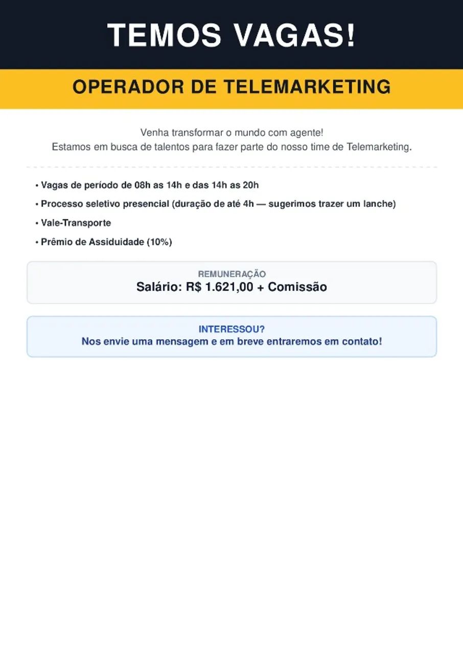 Vagas para Operador de Telemarketing Ativo