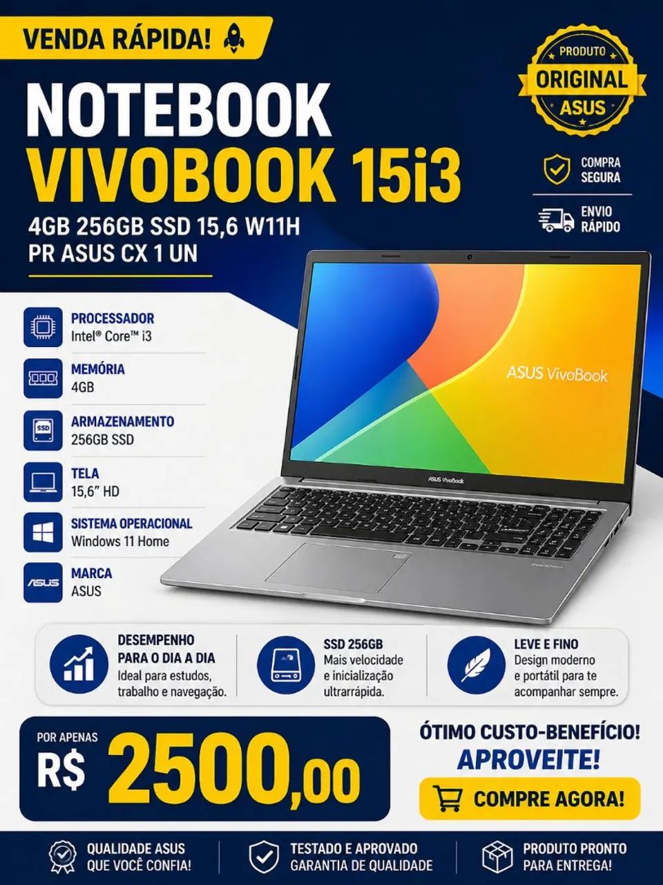 Notebook Asus Vivobook 15 Intel i3 4GB 256GB SSD 15,6? Windows 11