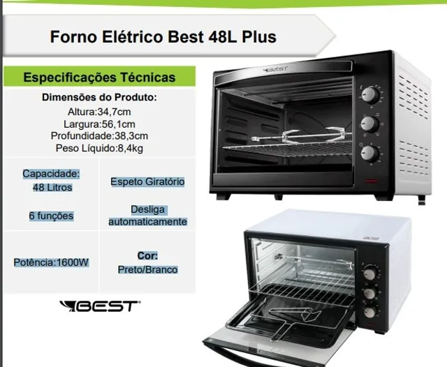 Forno Elétrico Best Plus Com 48 Litros, Timer, Seletor de Temperatura e  1600W Preto