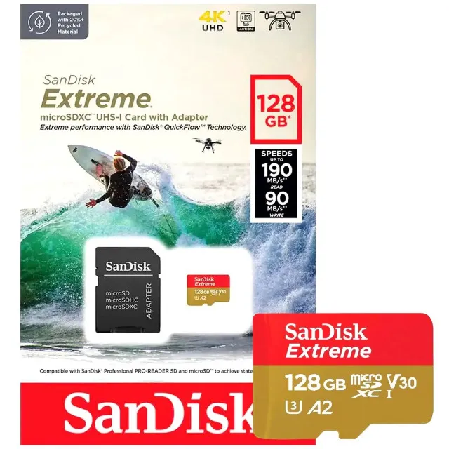 Cartão de Memória SanDisk Extreme microSDXC 128GB 190-90MB
