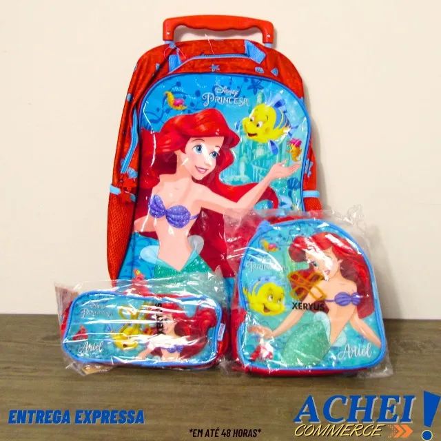 Kit Mochila Estojo Lancheira Disney Ariel Novo Bolsas