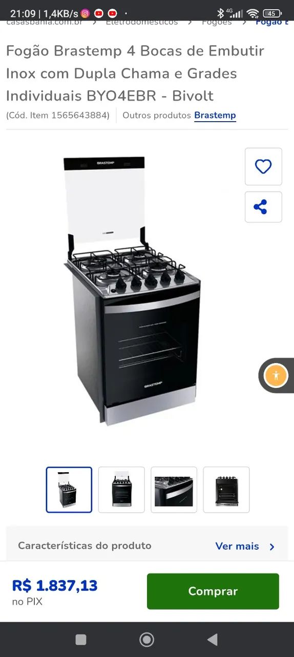 Fogão embutido Brastemp 4 bocas