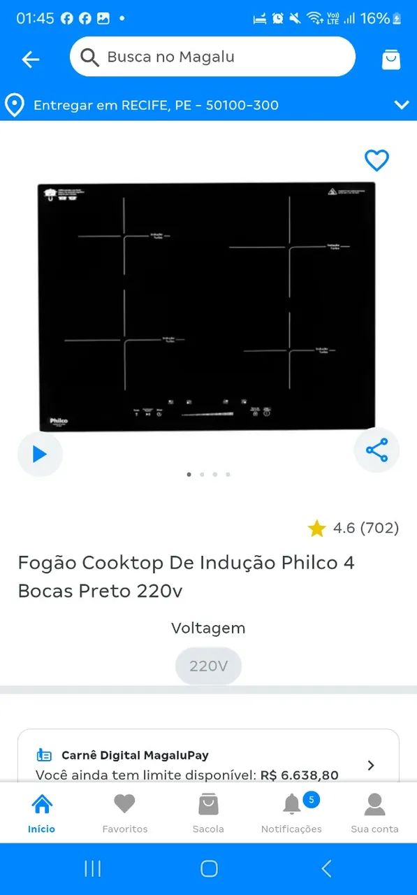 Fogão cooktop de indução Philco 4 bocas 220V