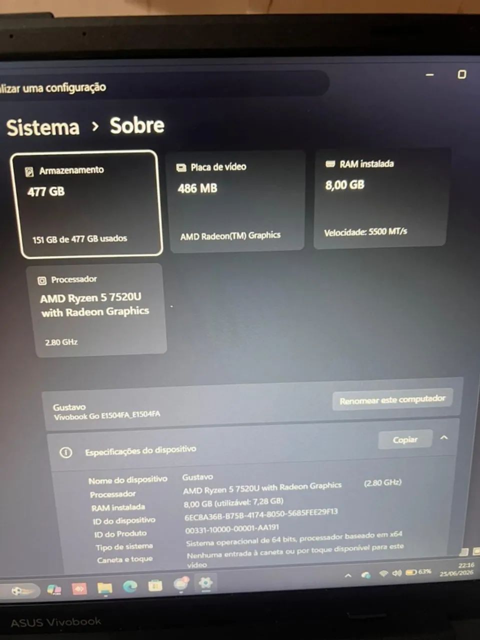 V/T Notebook Ryzen 5 7200 - Foto 4