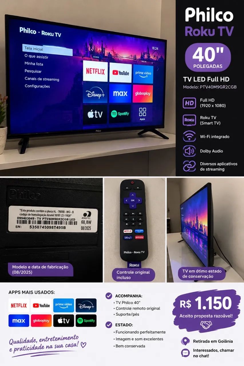   ? SMART TV PHILCO 40? ROKU - FULL HD