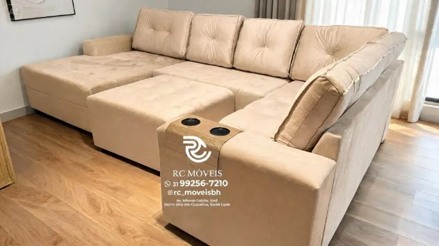 Sofá de Canto 3,10m Chaise e Puff Veludo Verde D33 Aconchegante