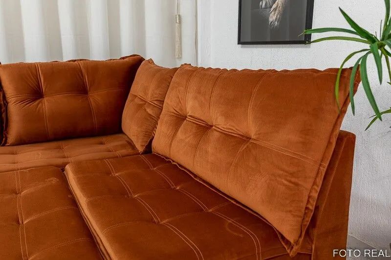 Sofá de Canto 5 Lugares com Puff Veludo Terracota - Foto 3