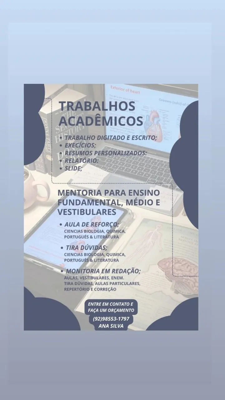 Mentoria em trabalhos acadêmicos e aula de reforço escolar 