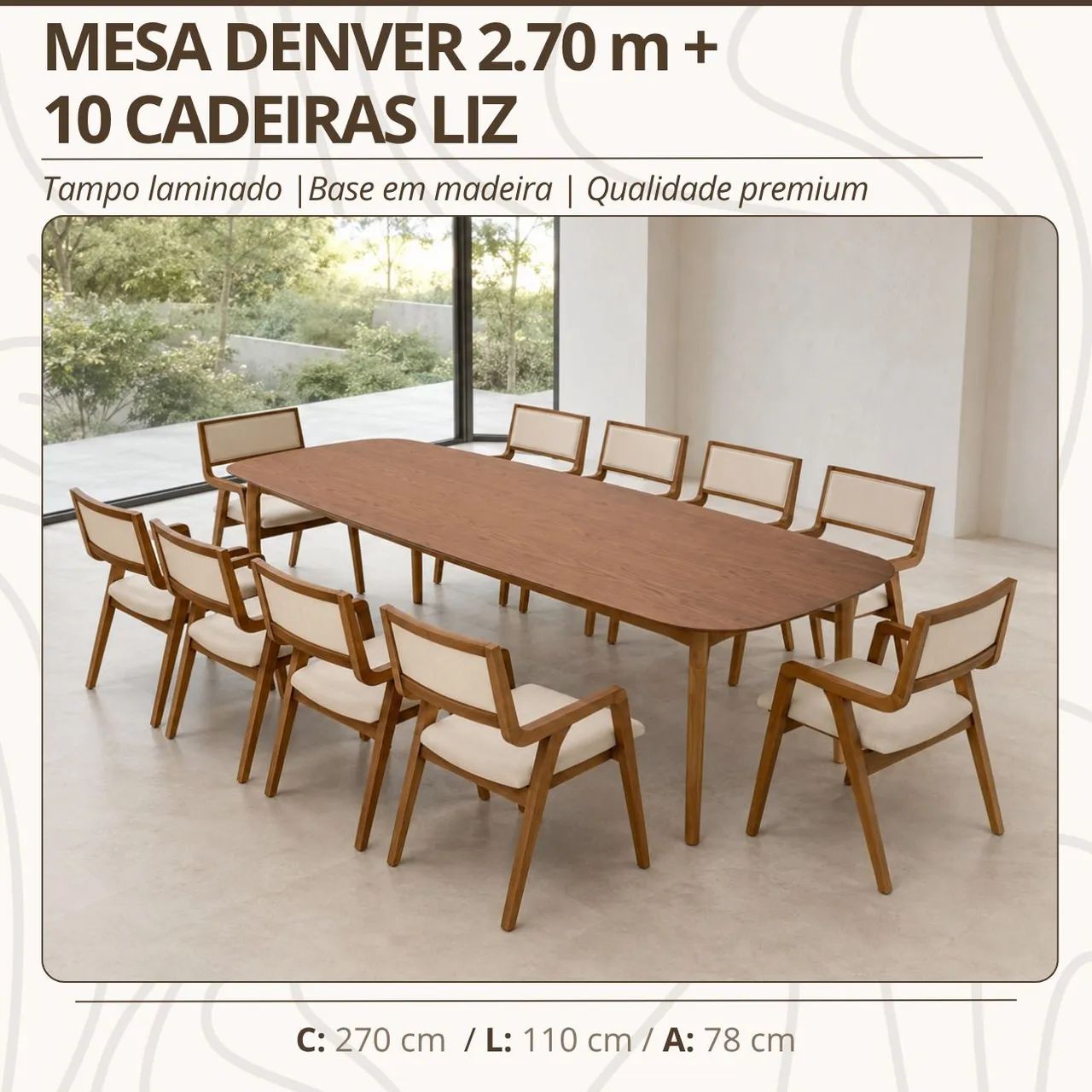 Mesa denver 2.70m com 10 cadeiras 