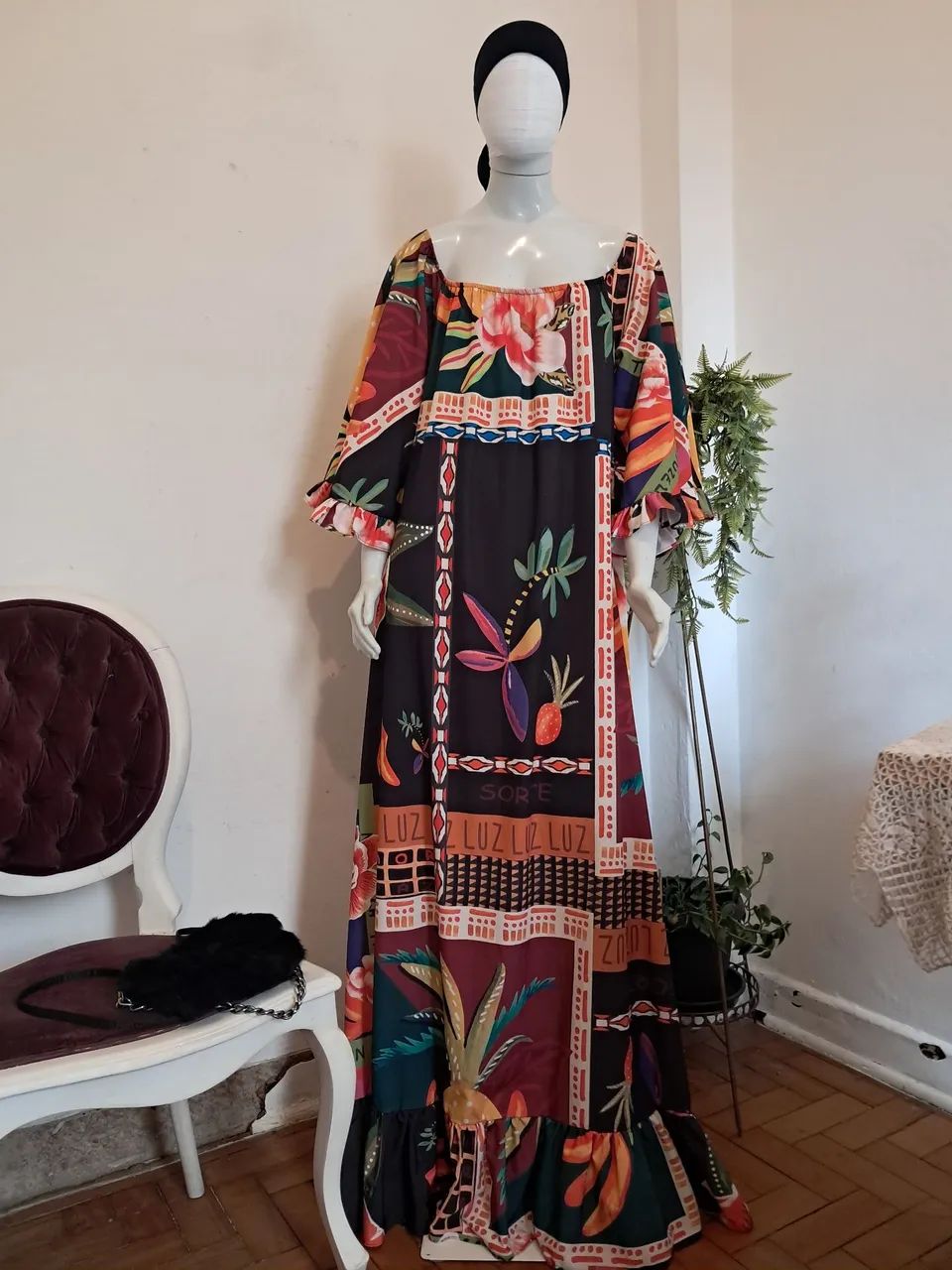 Vestido longo modelo Africano Manga 3/4
