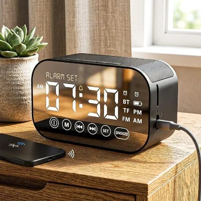 Caixa de Som Bluetooth com Relógio Digital e Despertador
