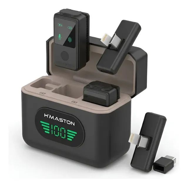 Microfone De Lapela Duplo Sem Fio Para Celular 2 em 1 Tipo C + Lightning +Caixa Carregador