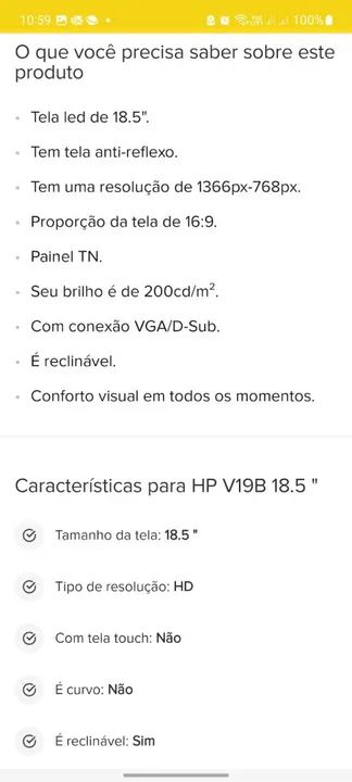 Monitor HP V19B 18.5" - Reclinável