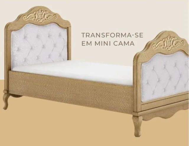Berço + Mini-cama 2 em 1 de madeira com capitonê cinza - Foto 5